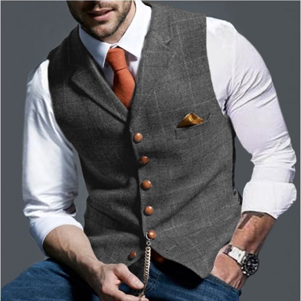 Chaleco de traje para hombre, chaleco formal de vestir a cuadros de lana de tweed con un solo pecho y corte entallado