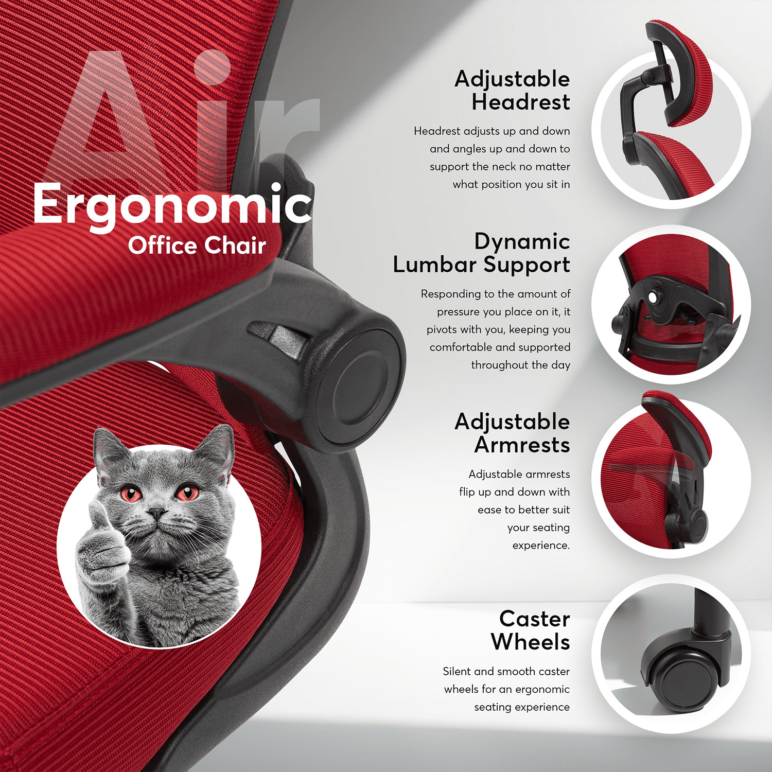 Oline ErgoAir Ergonomic Office Chair – Adjustable Lumbar Support, Flip-Up Armrests, Mesh Computer Desk Chair, Swivel Rolling Executive Gaming Chair for Home & Office (Red)