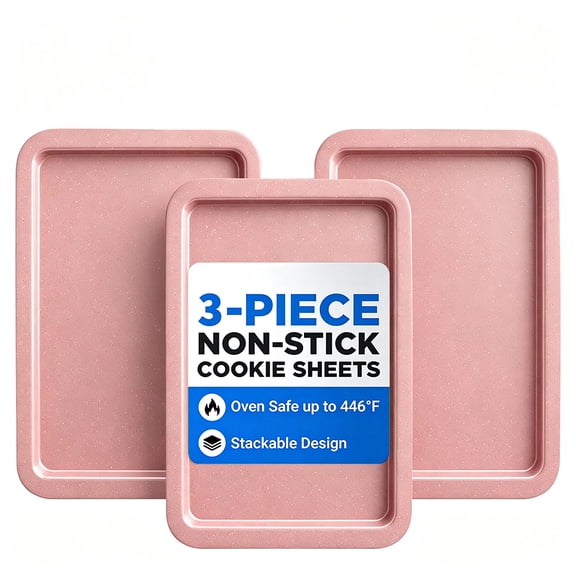 3pcs Commercial Quality Baking Sheet Pan Set, Carbon Steel Cookie Sheet, Warp Resistant Baker's Half Sheet Pan, Cookie Tray Pans for Baking, Roasting Dishwasher Safe pink