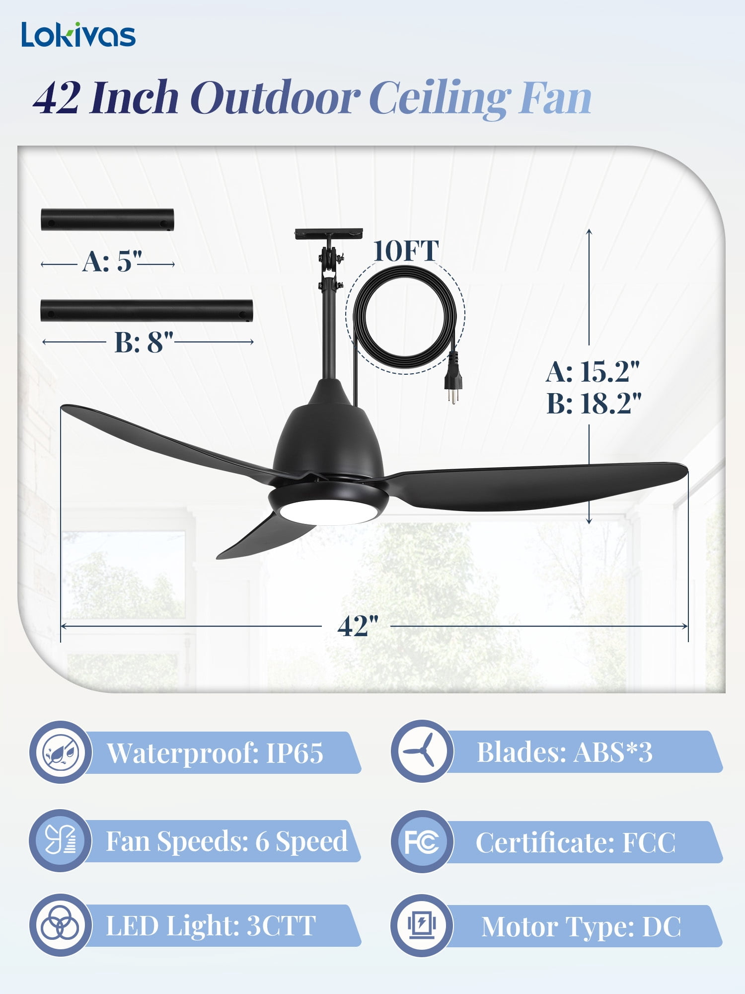 Lokivas 42" Black Waterproof Outdoor Gazebo Ceiling Fan with Light, Quiet 6 Speeds, APP & Remote, IP65 Plug-in DC Motor, Dimmable 3CCT, Hanging Cord for Patio Porch