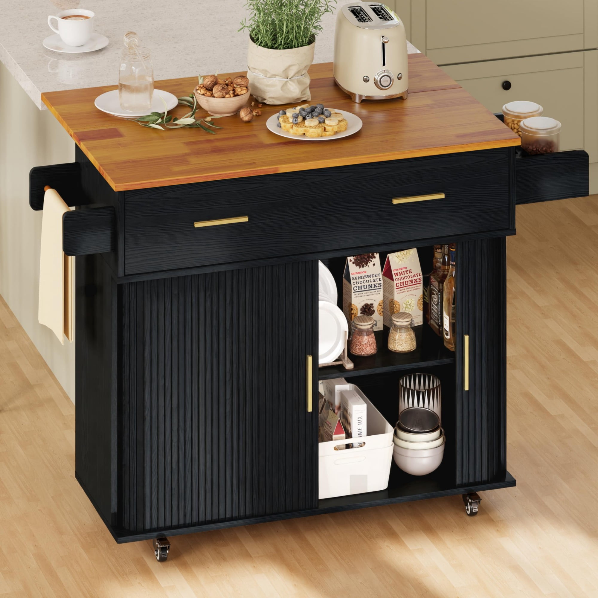 Rolling Kitchen Island Cart with Drop Leaf, Mobile Kitchen Cart on Wheels with Sliding Door, Drawer & Storage Rack, Black