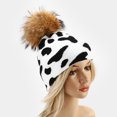 thumbnail image 2 of Unisex Cute Cow Zebra Print Beanie Hat Detachable Pompom Warm Knitted Cap, 2 of 15
