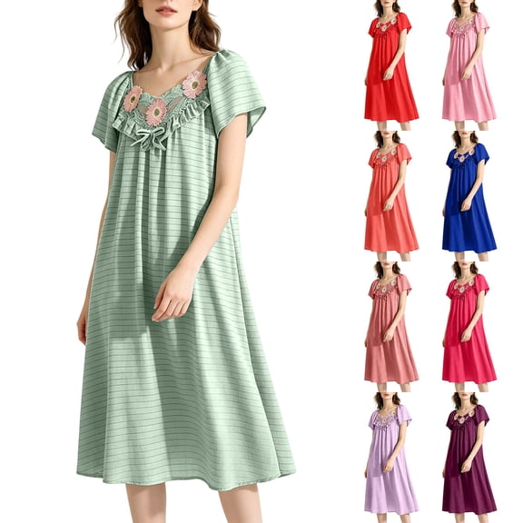 AGWOLF Nightgowns for Women Long Short Sleeve Night Gown V Neck Folwy Victorian Sleep Dress Soft Night Dresses Ladies Sleepwear Hot Pink Free Size