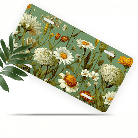 1 Pcs 2D Flat License Plate Covers & Frames, Wildflowers For Decorative Front, Waterproof For Decoration Aluminum License Plate Covers & Frames Cover For Men Women, 12" X 6"