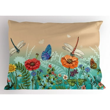 Ambesonne Spring Pillow Sham, Flourishing Nature Bugs, 26" X 20", Multicolor