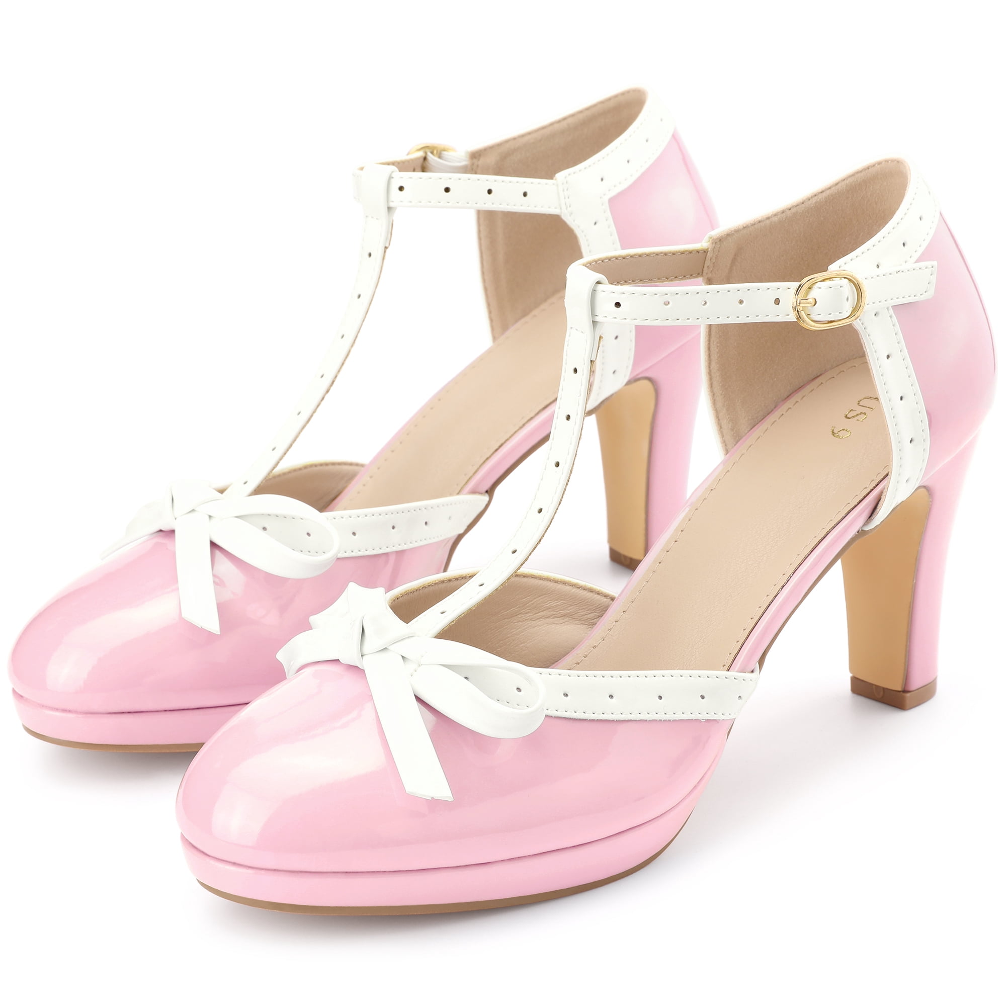 DARING DIVA Women's Bow Platform T-Strap Block High Heel Pumps Pink 10