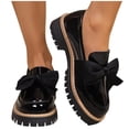 thumbnail image 4 of Womens Black Platform Loafers Slip On Shoes with Bow Detail Chunky Sole Glossy Vegan Faux Leather Casual Flat,Size 6, 4 of 9