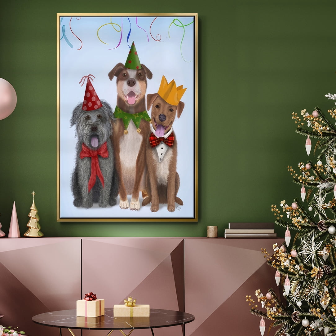 Christmas Party Mutts - Framed Gallery Wrapped Holiday Canvas - 25 x 37 - Gold Frame