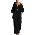 thumbnail image 2 of Women's Matching Tracksuit Set Baeitkot Women's Solid Casual 2 Piece Outfits Oversized Button Down Shirts High Waist Pleated Wide Leg Pants Loose Matching Tracksuit Set Black L, 2 of 7