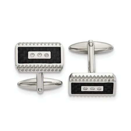 Crystal Cubic Zirconia Cufflinks - Chisel Stainless Steel Polished Black Carbon Fiber Inlay with CZ Cufflinks