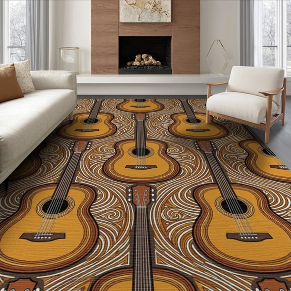 ODIKA 8'x10' Washable Area Rug Guitar Musical Print Instrument Scattered Motif Notes Border for King Size Bedroom Under Bed, Master Suite, Non-Shedding, Easy Care
