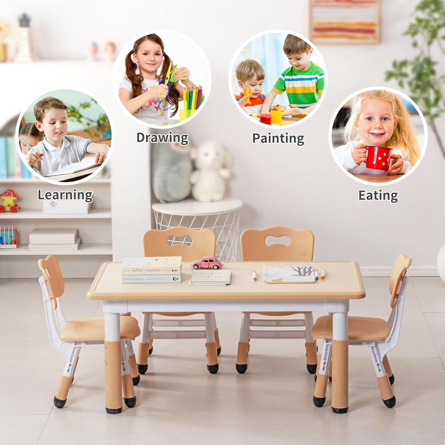 HOMEZY-US Kids Table and Chairs Set, Height Adjustable Multi-Activity Preschool Table with Graffiti Desktop for Ages 2-8 Versatile Kids Tables for Play, Learning, and Creativity
