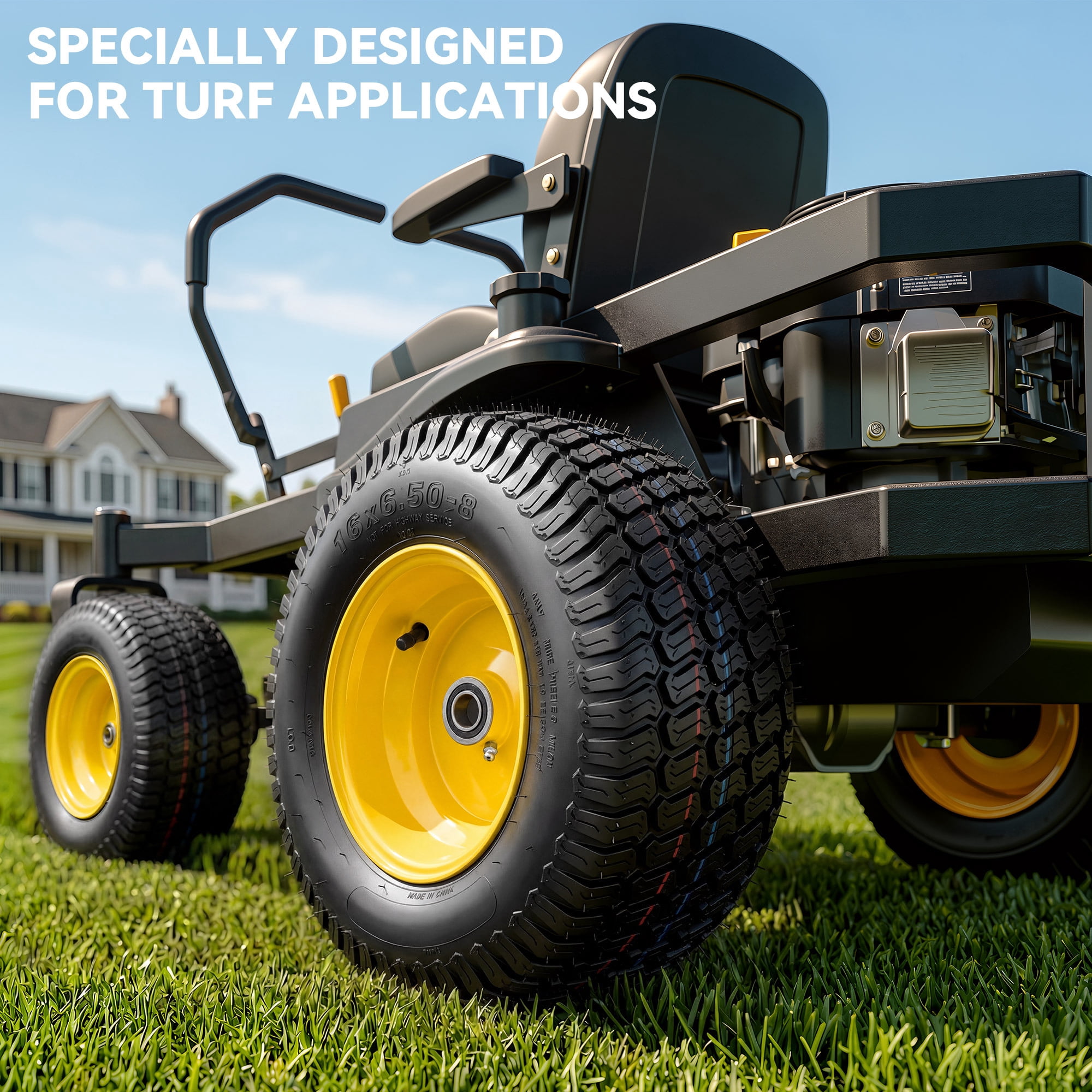 Uforic 16x6.50-8 Flat-Free Lawn Mower Tire and Wheel Assembly, 4-Ply Front Replacement Tire, 3 in Offset Hub, 3/4 in Bushing, 620 lb Capacity, 2-Pack