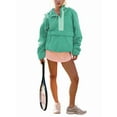 thumbnail image 2 of Veste Matelassée à Col Rond pour Femmes, Manches Longues, Coupe Ample, Demi-Glissière, à Capuche, avec Cordon de Serrage, Vert, G, 2 of 7