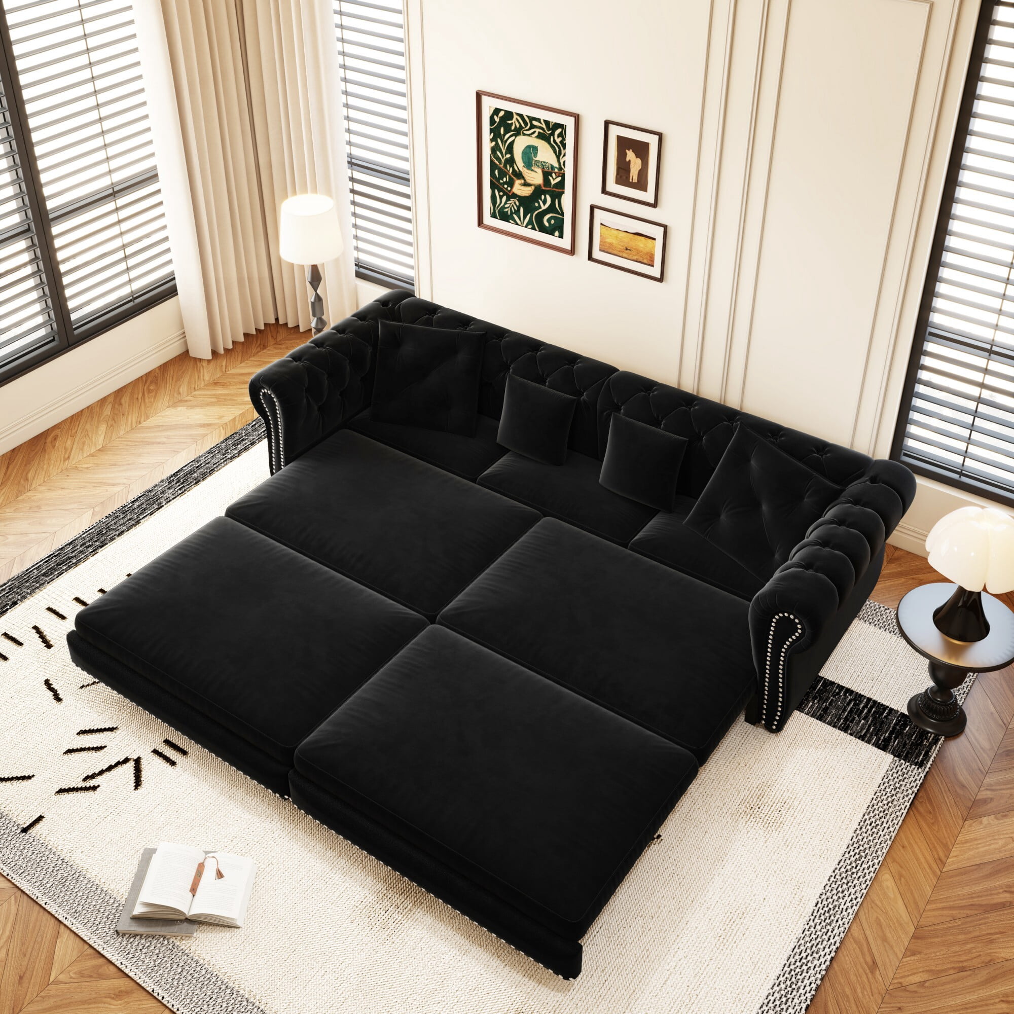 DEALTOPS 89" Velvet King Size Pull-Out Sofa Bed, 3-in-1 Convertible Sleeper Sofa with Ottoman & 4 Pillows, Black