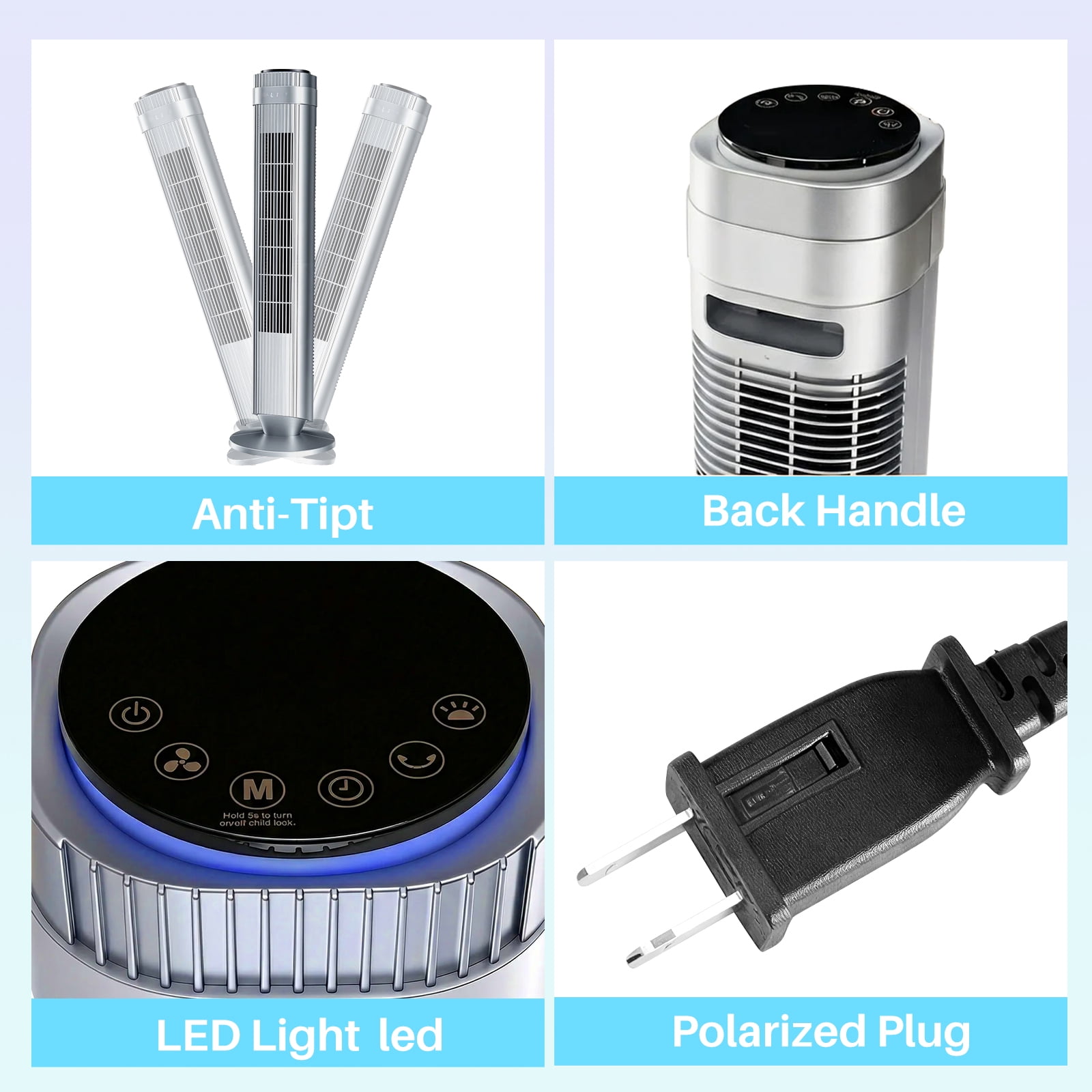 Tower Fan for Home, 64° swivel Standing Floor Fan with Remote, Bladeless Fan Cold Air Quiet, 5 Speeds, 4 Modes, LED Display, Sliver