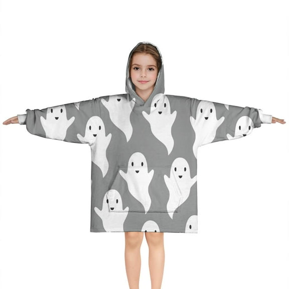 Gray Halloween White Ghosts Blanket Hoodies for Kids 6-13YR Oversize Wearable Blanket Hoodies for Boys Girls Teens