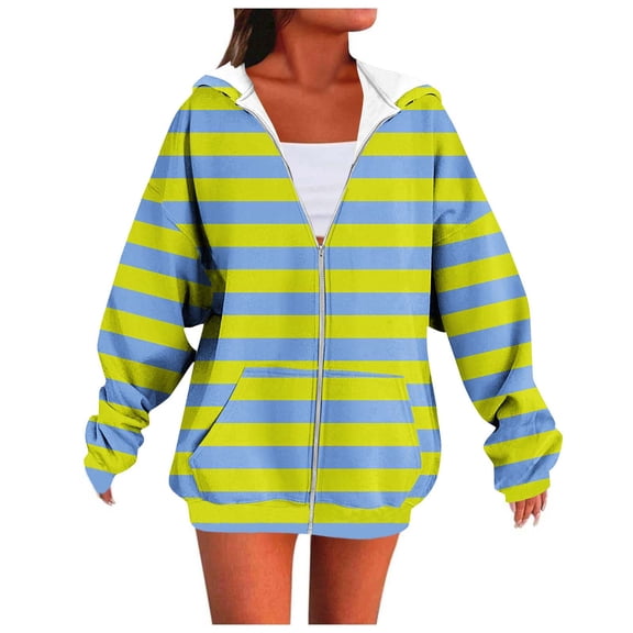 Womens Casual Jacket Striped Print Zip-Up Hoodie Cardigan Jacket, Long Sleeve Top With Pockets