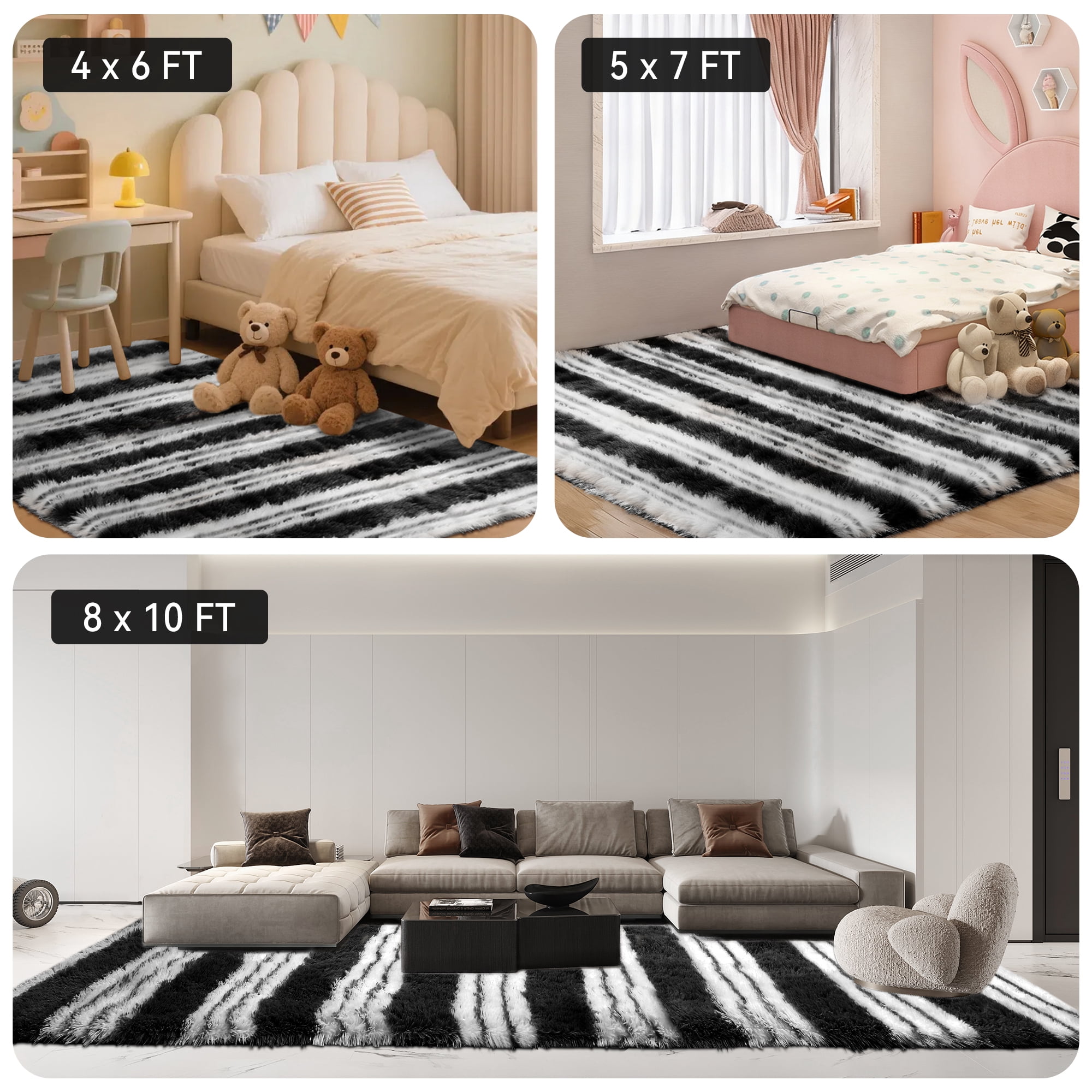 CozyDesg Soft Area Rugs for Living Room Bedroom,Large Rug Fluffy Fuzzy Shag Shaggy Soft Plush Carpet,Indoor Floor Carpet for Dining Room Home Decor,Black & White