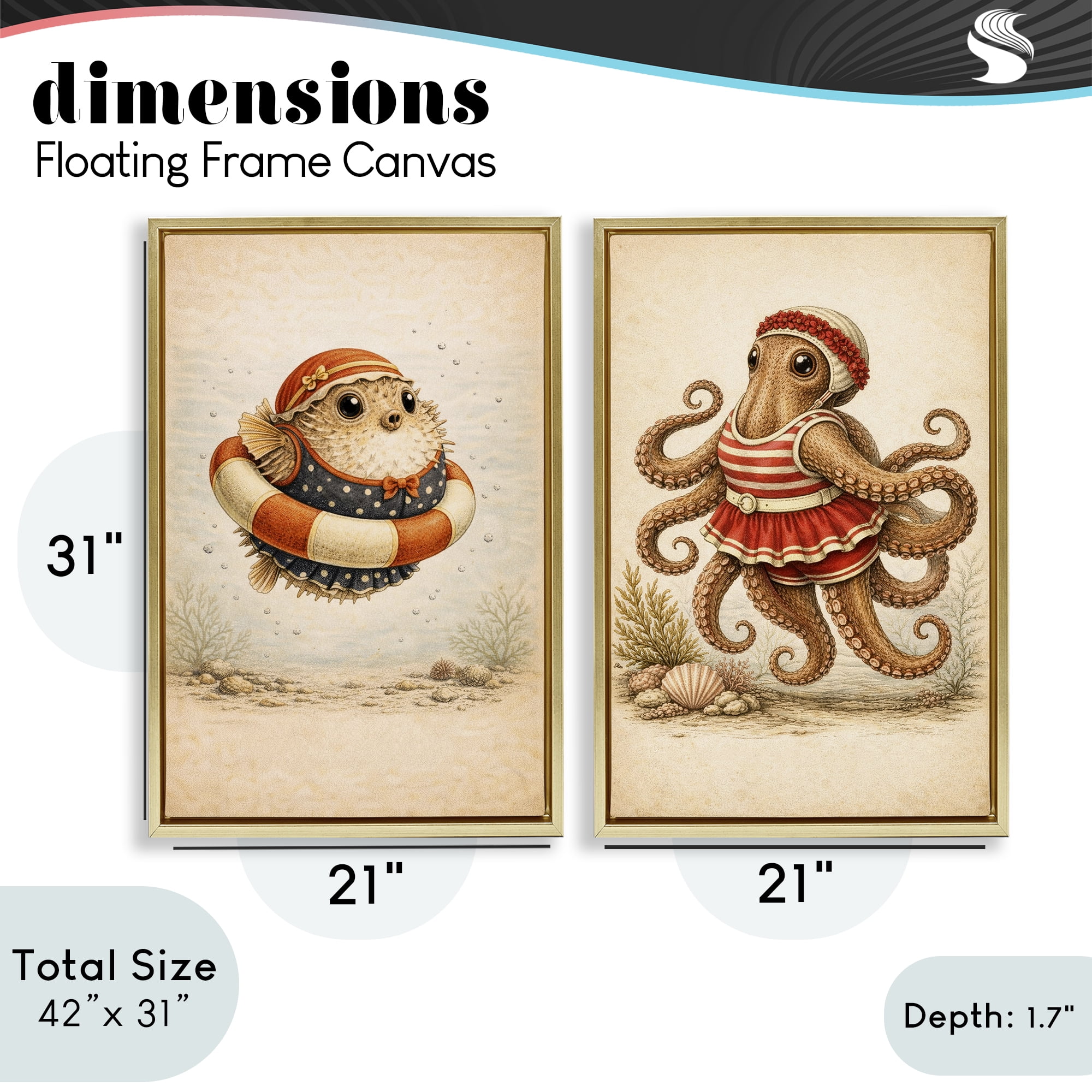Stupell Industries Vintage Maritime Bathing Creatures 2 Piece Gold Framed Floater Canvas Set, design by Grotto Studios