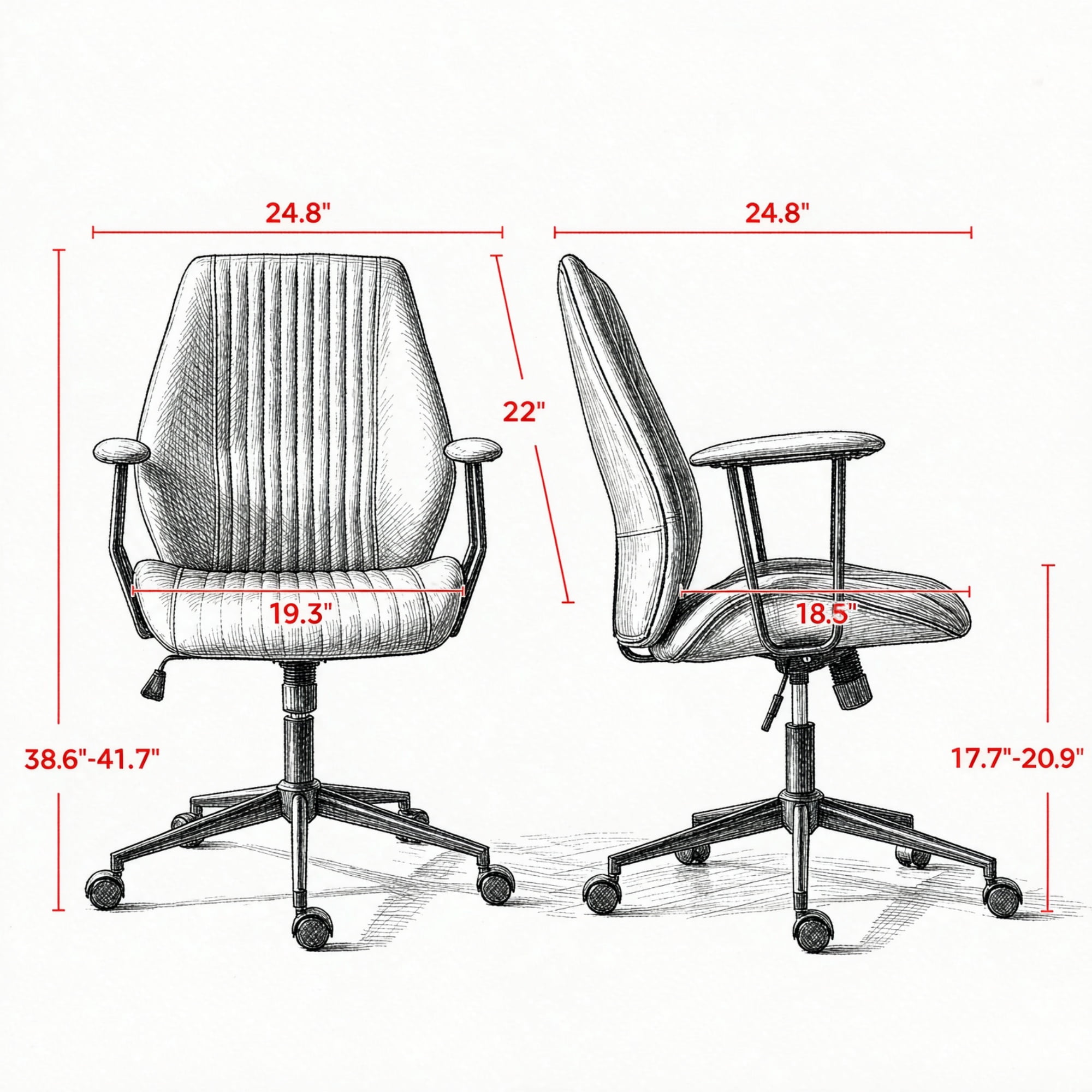 Vintage Leather Office Desk Chair, Padded Arms, 360° Swivel & Adjustable Height, Brown