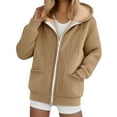 thumbnail image 2 of larppty Women's Fleece Lined Jacket Winter Hoodie Solid Color Long Sleeve Thick Plush Warm Coats with Pockets (Khaki, XL), 2 of 6