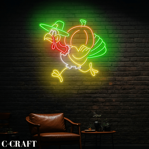 C-CRAFT Pumpkin On Turkey Thanksgiving Neon Sign LED Light Acrylic Wall Decoration For Diner Decor