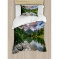 thumbnail image 3 of Mountain King Size Duvet Cover Set, Idyllic View with Tree on Still Lake Surrounded by Mountains and Moody Sky Image, Decorative 3 Piece Bedding Set with 2 Pillow Shams, Multicolor, by Ambesonne, 3 of 3