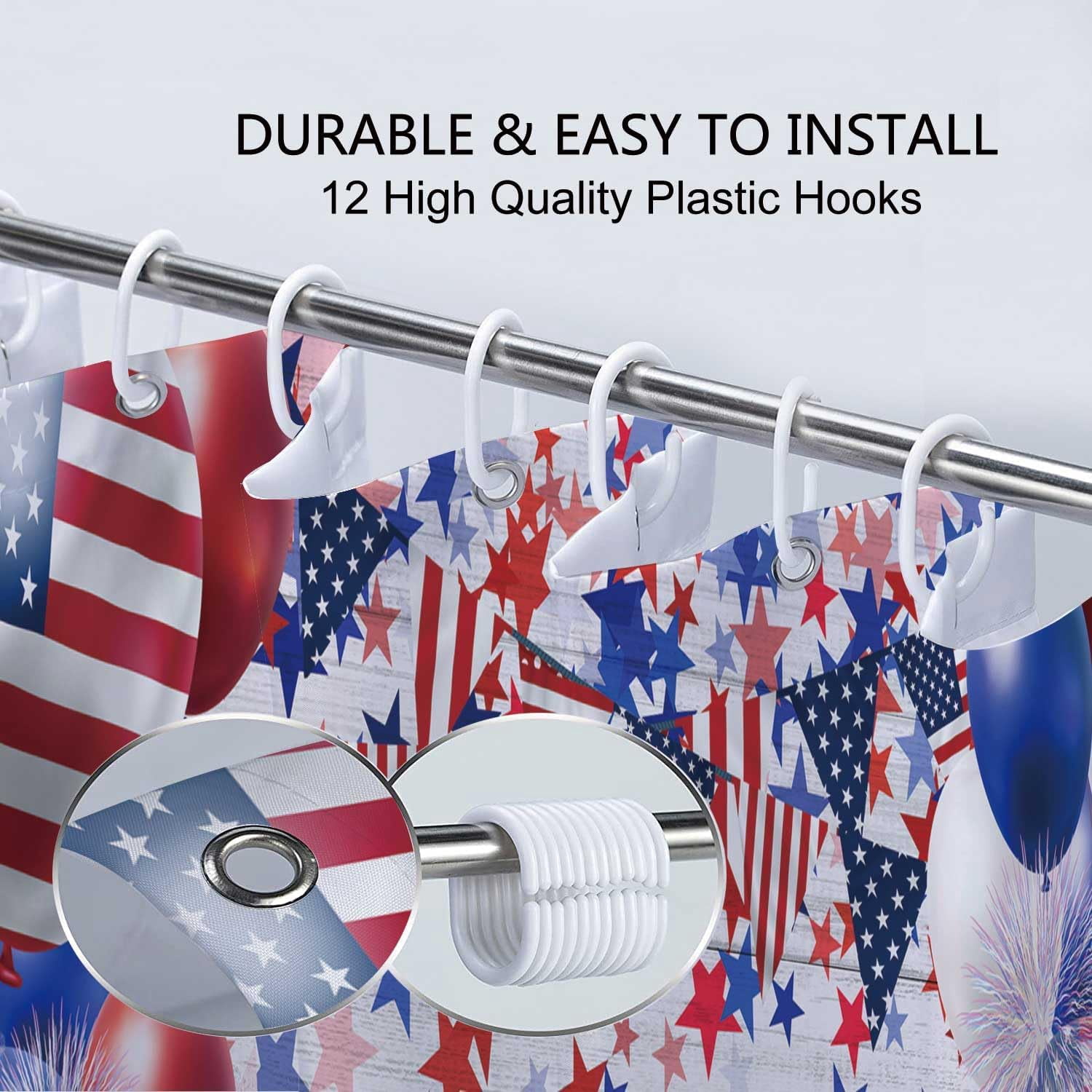 Happy 4th of July Independence Day Shower Curtain, Presidents Day Memorial Day Veterans Day God Bless The USA Patriotic Bathroom Shower Curtain with 12Pcs Hook