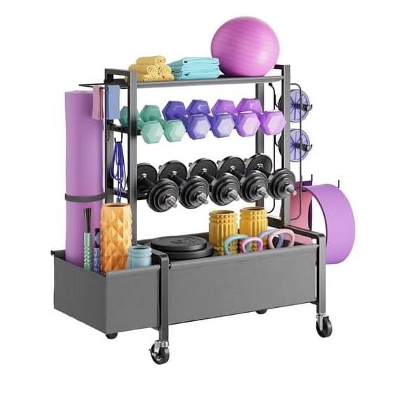 Adjustable Dumbbell Rack, Weight Rack for Dumbbells, Home Gym Storage for Dumbbells Kettlebells Yoga Mat Ball, All in One Workout Equipment Organizer with Caster