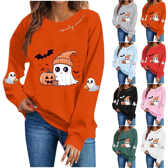 FAVIPT Womens Halloween Graphic Sweatshirts Cute Pumpkin Ghost Print Pullover Long Sleeve Casual Loose Fit Sweatshirt White,S