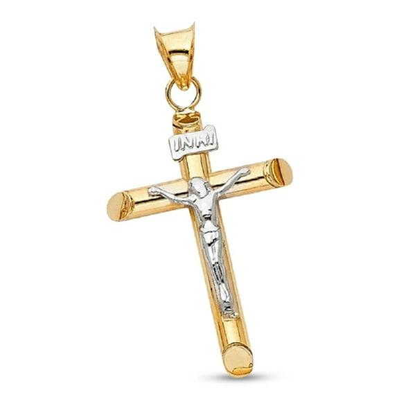 14k Yellow White Gold Charm Jesus Christ Cross INRI Crucifix Pendant Two Tone 35mm x 15mm