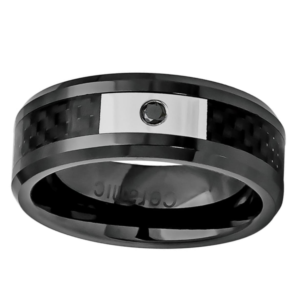 8mm Polished Comfort Fit Beveled Edge Black Ceramic Wedding Band with Forest Floor Foliage Camouflage Inlay 0.07ct Black Diamond Solitaire Ring