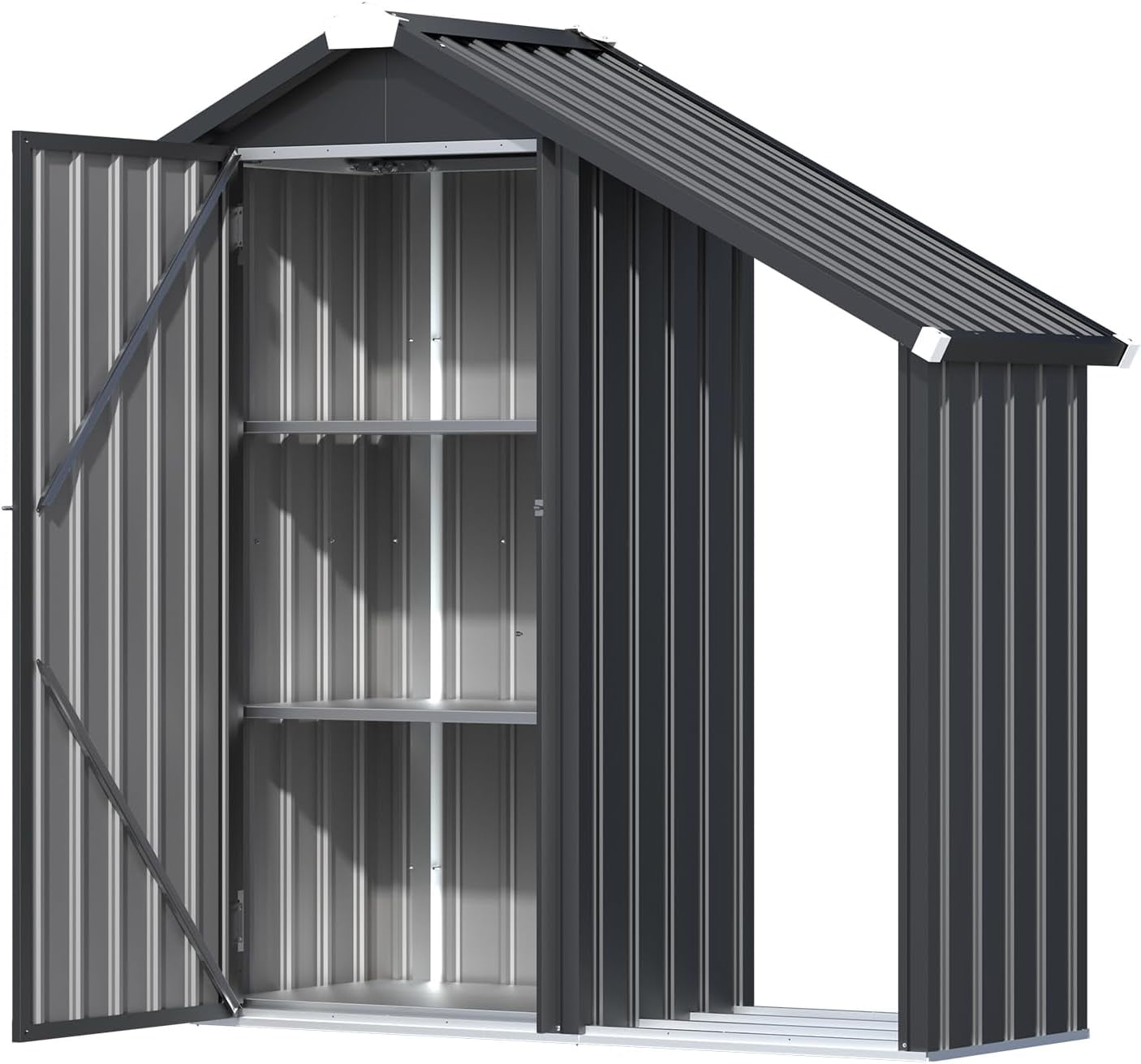 YODOLLA Outdoor Storage Cabinet with Shelves and Lean to Open-Sided Firewood Racks, Metal Storage Shed Organizer for Garden & Patio in Gray