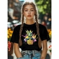 thumbnail image 5 of Women's T-Shirt Pineapple in Earphone Hip Hop Short Sleeve Casual Tee Classic Crew Neck T Shirt for Women Black, M, 5 of 7