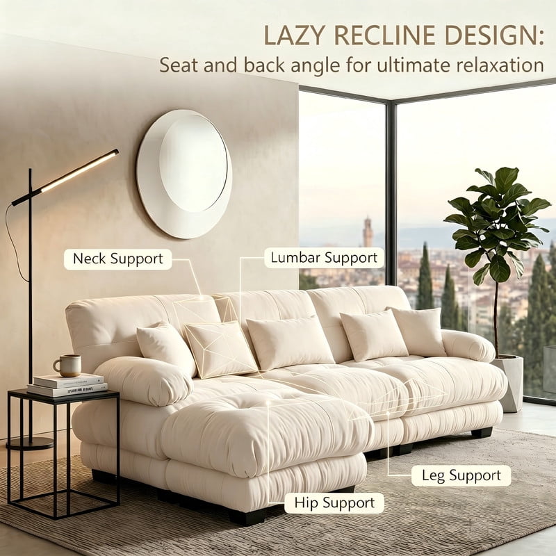 ANPPORT Cloud Couch Sleeper Sofa, Chenille Light Coffee 3-Seater Modular Sofa with 1 Ottomans, 3 Lumbar pillows,2 Pillows, Comfy Deep Seat Cloud Sofa, Convertible L-Shaped Floor Couch for Living Room