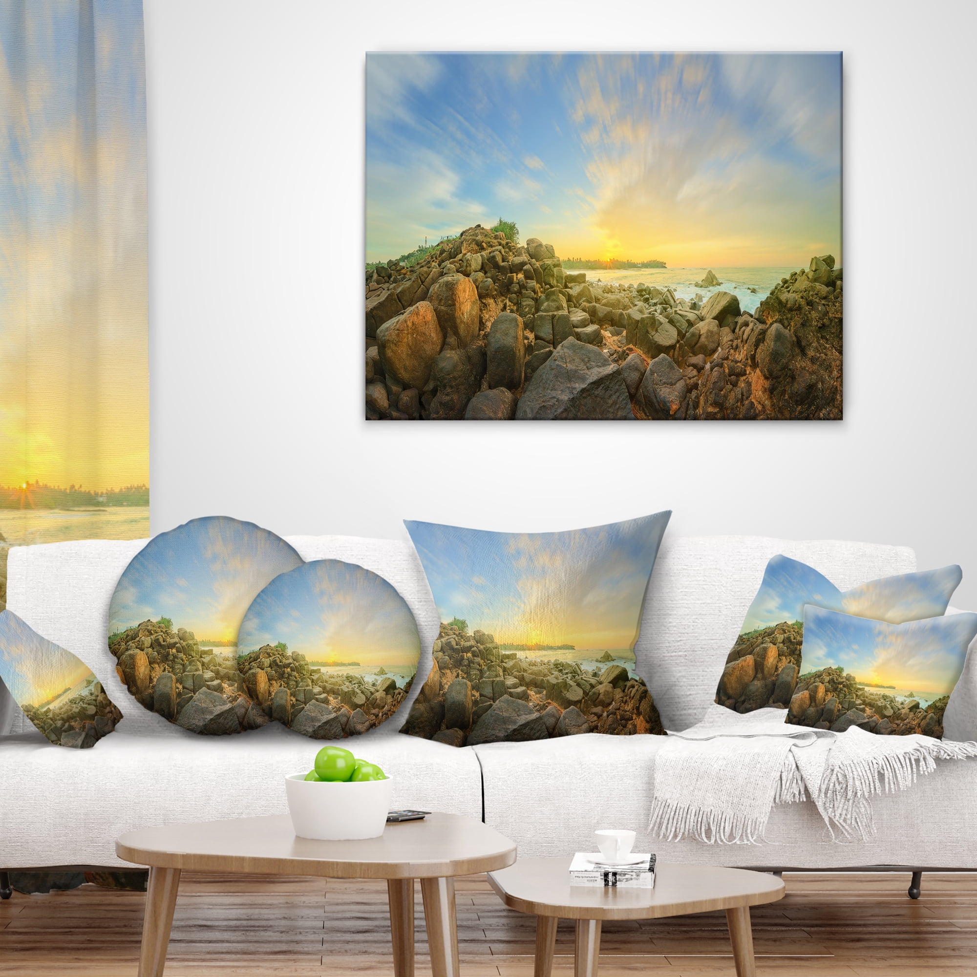Designart Beautiful Romantic Beach Sunrise - Landscape Printed Throw Pillow - 12x20