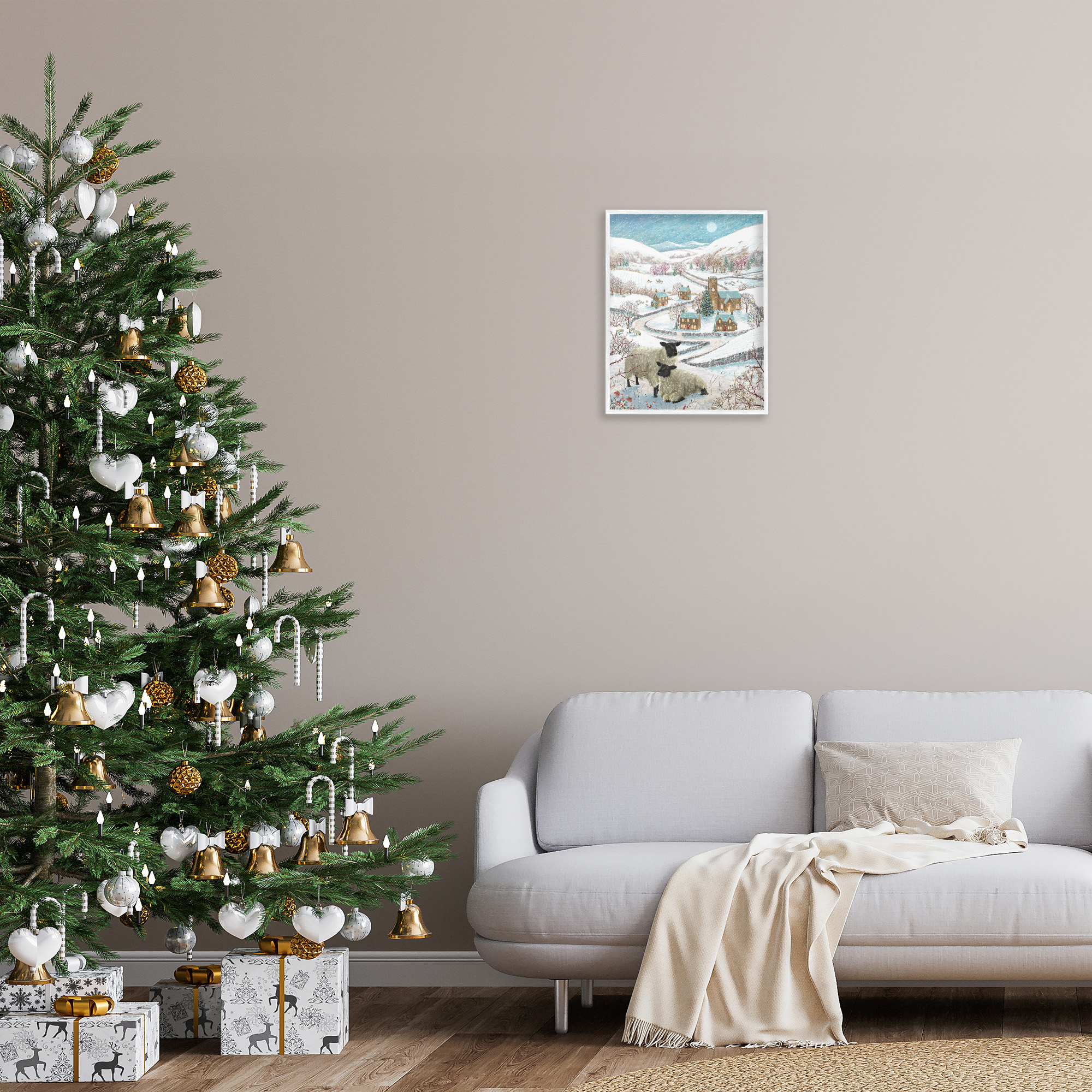Stupell Industries Sheep on Wintery Hill Animals & Insects Painting White Framed Art Print Wall Art, 16 x 20
