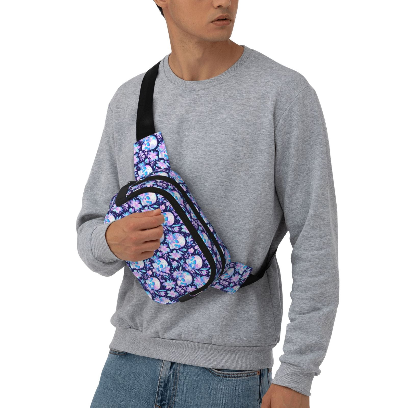 Picia crystal Skull flower leaf Print Square Double-Layer Waist Bag Mini Adjustable Waist Belt Bag Exercise Running Travel Hiking