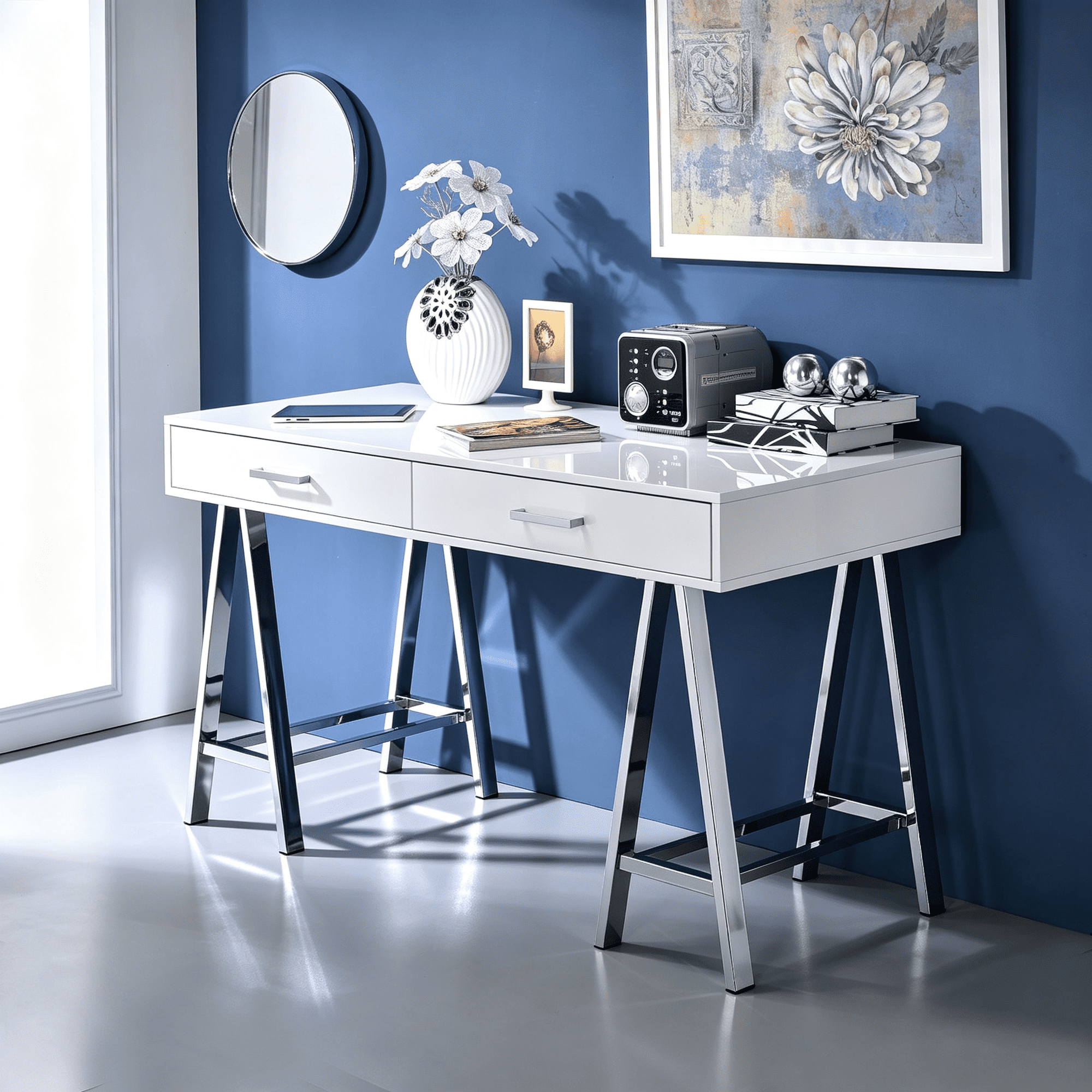 Writing Desk with USB Port and Two Storage Drawers 54 in Rectangular Computer Desk with Metal Base for Home Office and Study