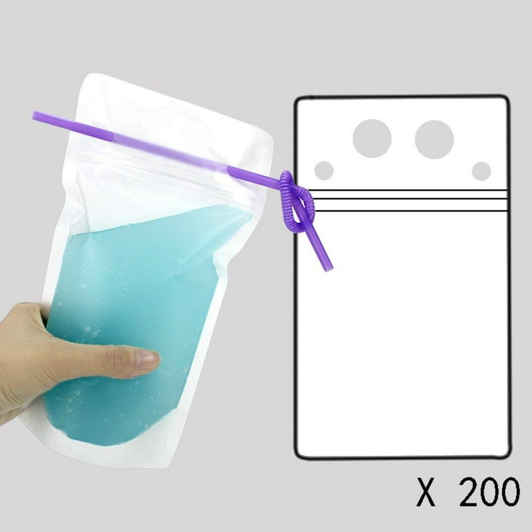 Tomnk 200PCS Drink Pouches for Adults with Straws Heavy Duty Hand held Translucent Reclosable Plastic Smoothie Drink Pouches with 200 Straws Walmart