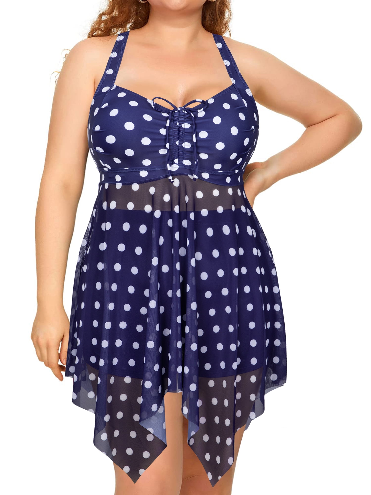 Plus Size Two Piece Swim Dress with Boyshorts for Women Mesh Tankini