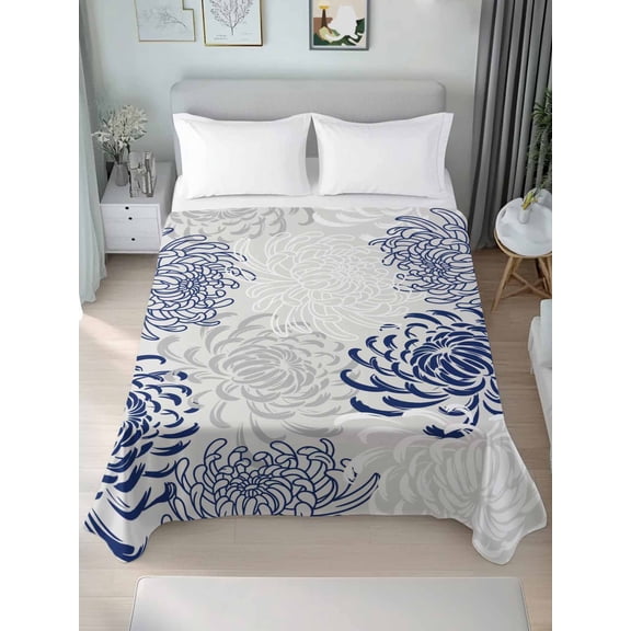 King Size Flat Sheet Only, Navy Blue Chrysanthemum Soft Brushed Microfiber Bed Sheets, Farmhouse Botanical Floral Modern Hotel Quality Breathable Bedding Top Sheet, Easy Care, 105"x98"