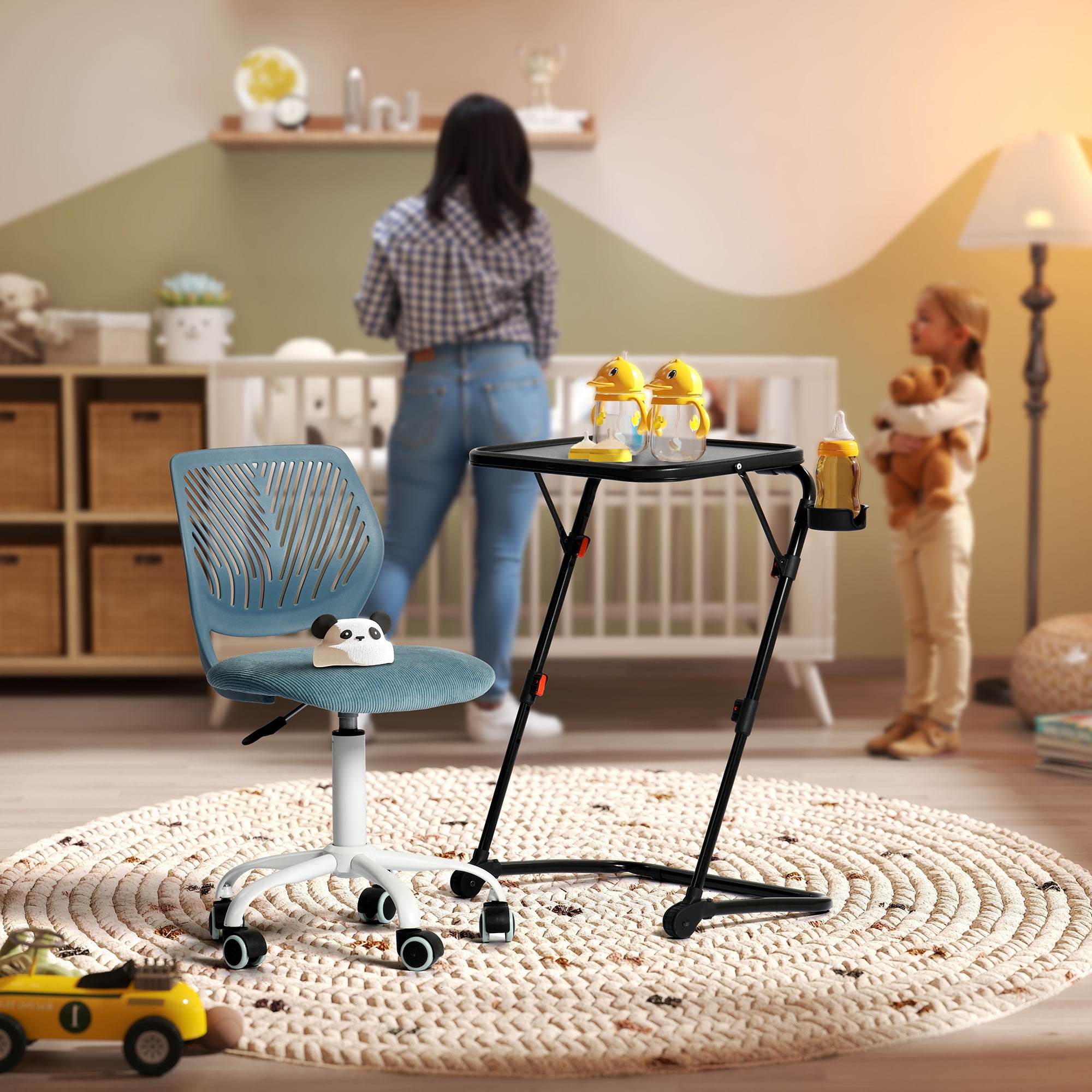 Homy Casa Kids Folding Study Desk and Ergonomic Swivel Chair Set, Adjustable Seat Height, Game Table with Soft PVC Top