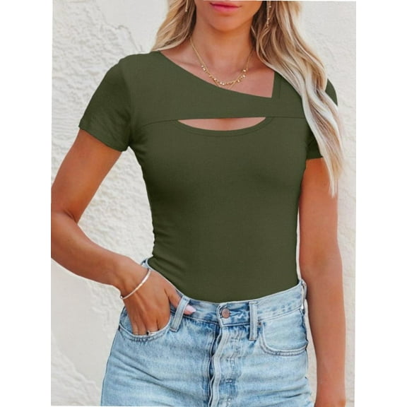Womens Fashion Fall Clothes One Piece Cutout Tops short Sleeve Slim Fitted Shirts Tee Tshirts