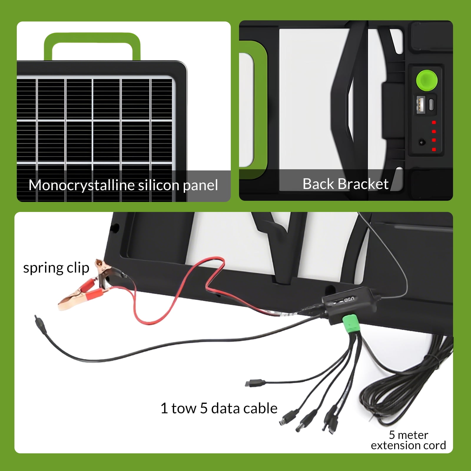 Kepeak 15W Foldable Solar Panel with USB-A/USB-C, 1-to-5 Cable, and LED Light – Lightweight, Waterproof for Mobile Phones