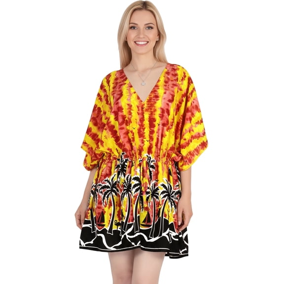 HAPPY BAY Women's Beachwear Plus Size Swimsuit Coverups for Women Summer Swim Beach Dress Cover ups for Swimwear Women Bathing Suit Cover-up 3X-4X Crimson, Palm Tree