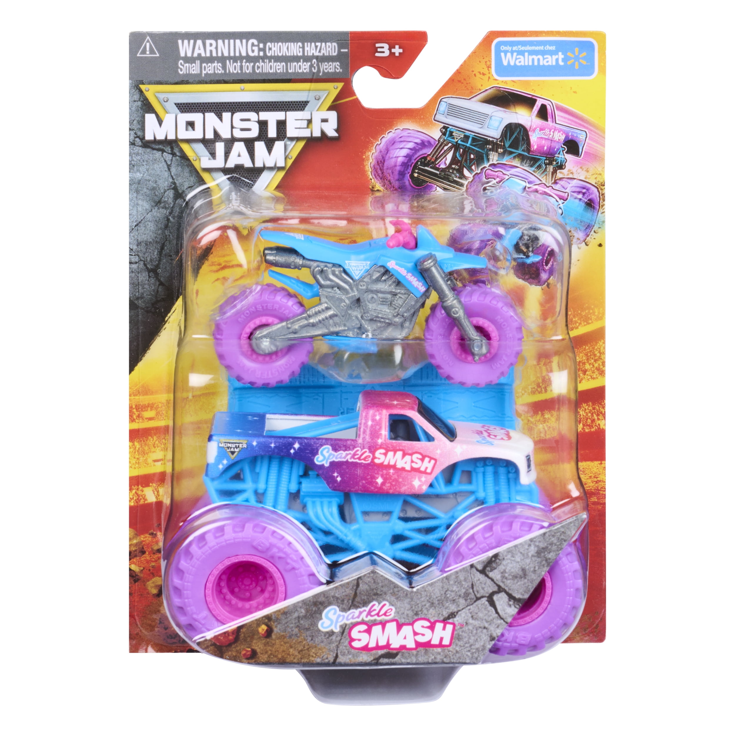 Monster Jam Sparkle Smash Monster Truck and Dirt Bike Vehicle 2-Pack, 1:64 Scale