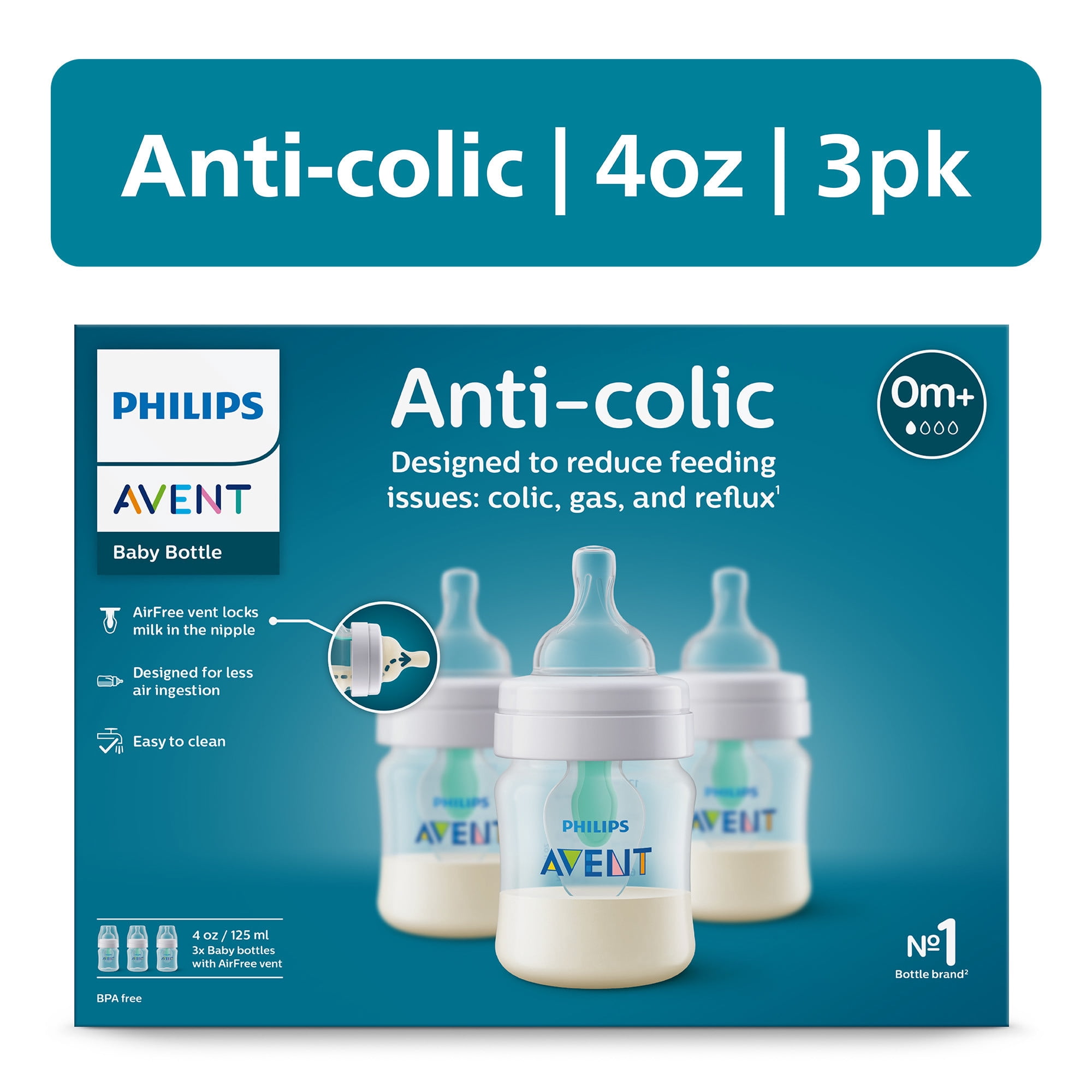 Philips Avent Anti-colic Baby Bottle with AirFree Vent, 4oz, 3pk, Clear, SCY701/93