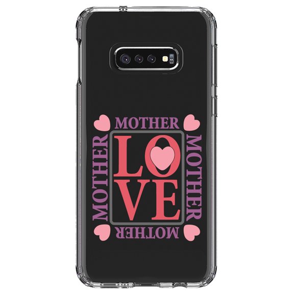 DistinctInk Clear Shockproof Hybrid Case for Samsung Galaxy S10e (5.8" Screen) - TPU Bumper Acrylic Back Tempered Glass Screen Protector - Love Mother Hearts Pink Purple